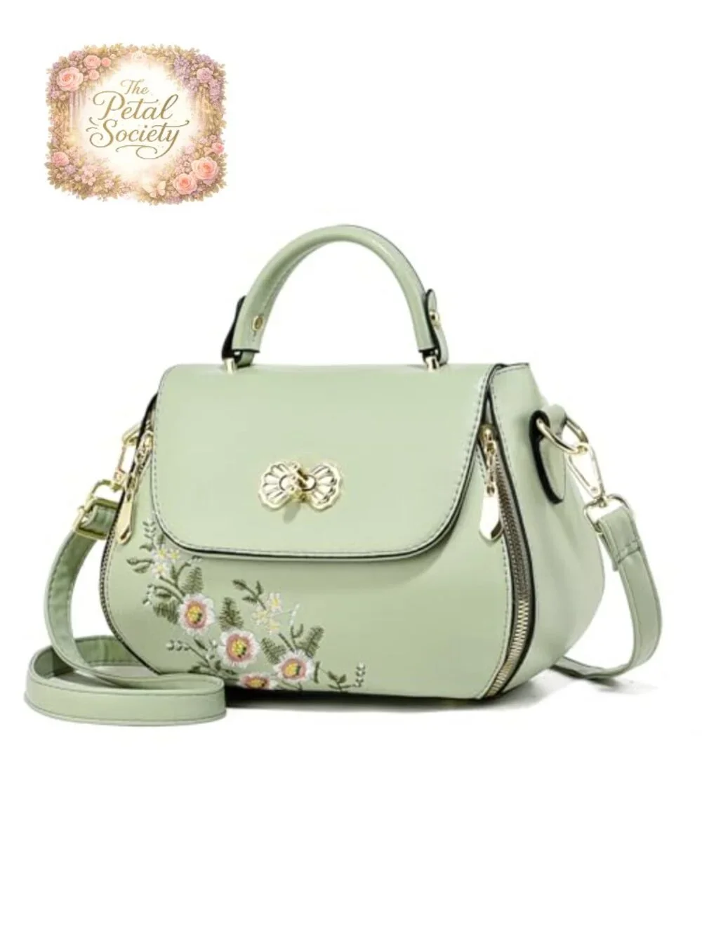 Embroidered PU Satchel Handbag with Top Handle and Adjustable Strap